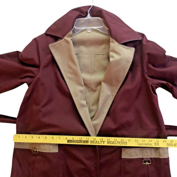 Etienne Aigner Reversible Trench Coat Womens Size 8P Oxblood/Khaki Leather Trim - Picture 8 of 15